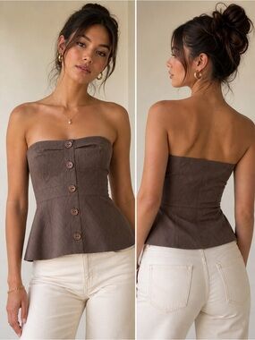 Trina Turk Strapless Bustier Top Brown Textured Corset Peplum Button Front